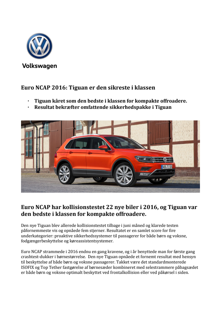 ​Euro NCAP 2016: Tiguan er den sikreste i klassen