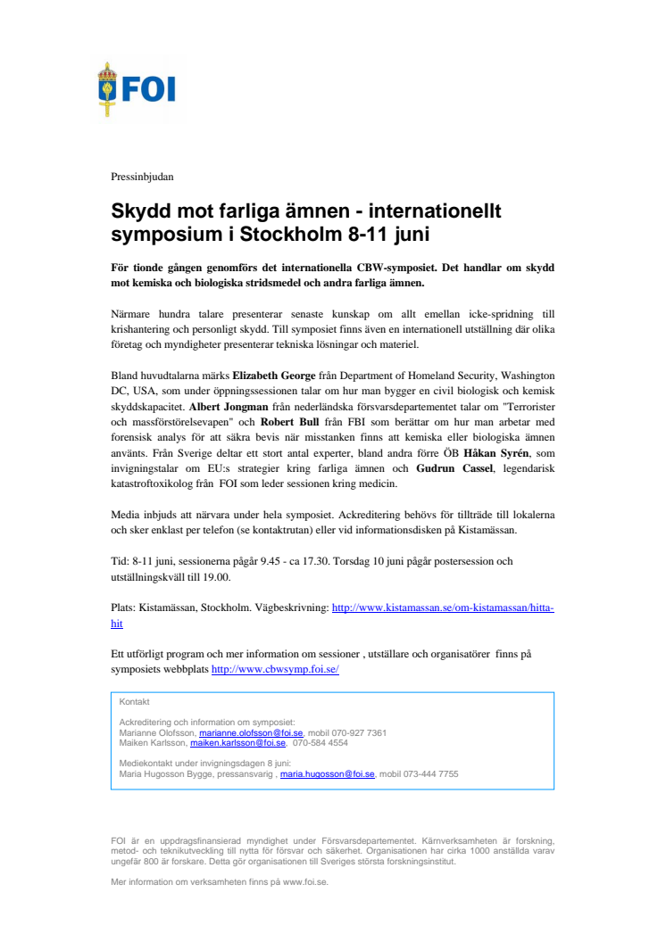 Pressinbjudan:  Skydd mot farliga ämnen - internationellt symposium i Stockholm 8-11 juni