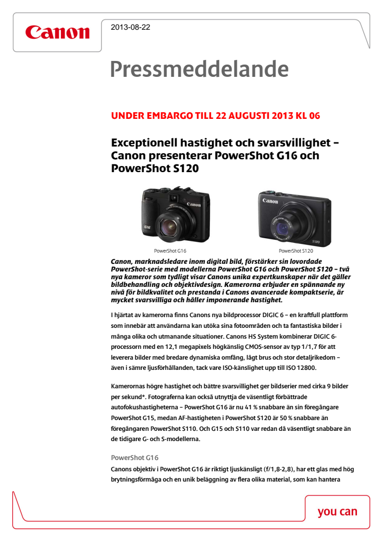 Exceptionell hastighet och svarsvillighet – Canon presenterar PowerShot G16 och PowerShot S120