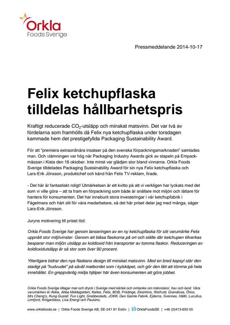 Felix ketchupflaska tilldelas hållbarhetspris