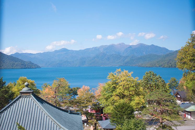 Chuzenji Temple overlooking Lake Chuzenji in Fall