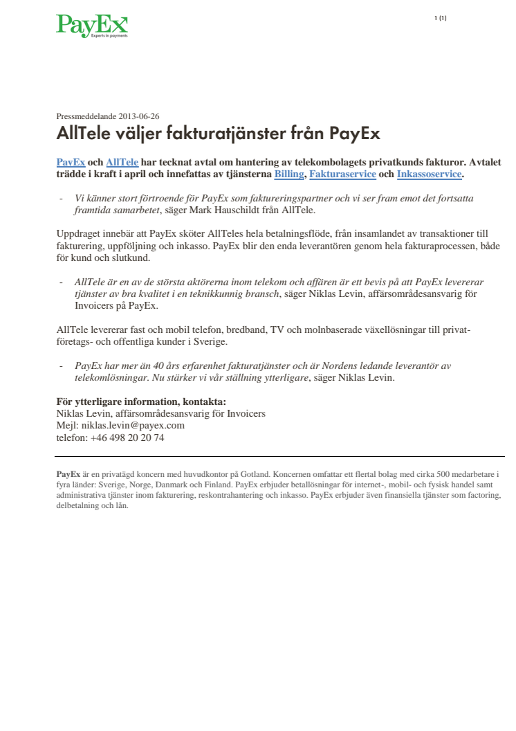 AllTele väljer fakturatjänster från PayEx