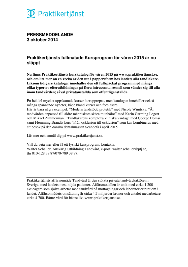 Praktikertjänsts fullmatade Kursprogram för våren 2015 är nu släppt