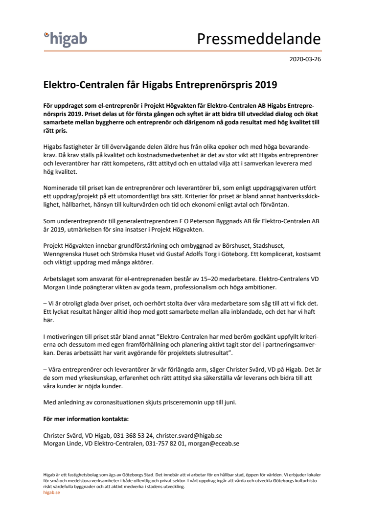 Elektro-Centralen får Higabs Entreprenörspris 2019