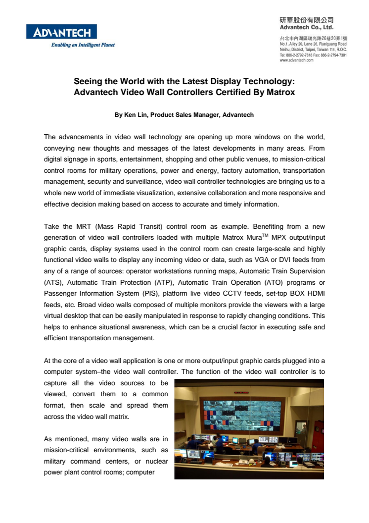 Whitepaper: Seeing the World with the Latest Display Technology:  Advantech Video Wall Controllers Certified By Matrox 
