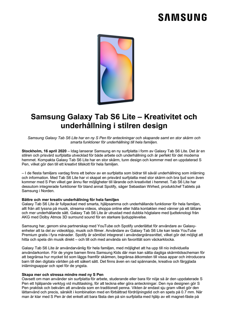 Samsung Galaxy Tab S6 Lite – Kreativitet och underhållning i stilren design