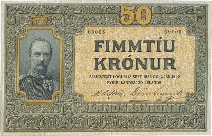 50 Krónur ND (1907), no. 09005, Hannes Hafstein : Björn Sigurdsson, Sieg 11, Pick 6a, so far only two specimens without punch holes known in private ownership. – stor