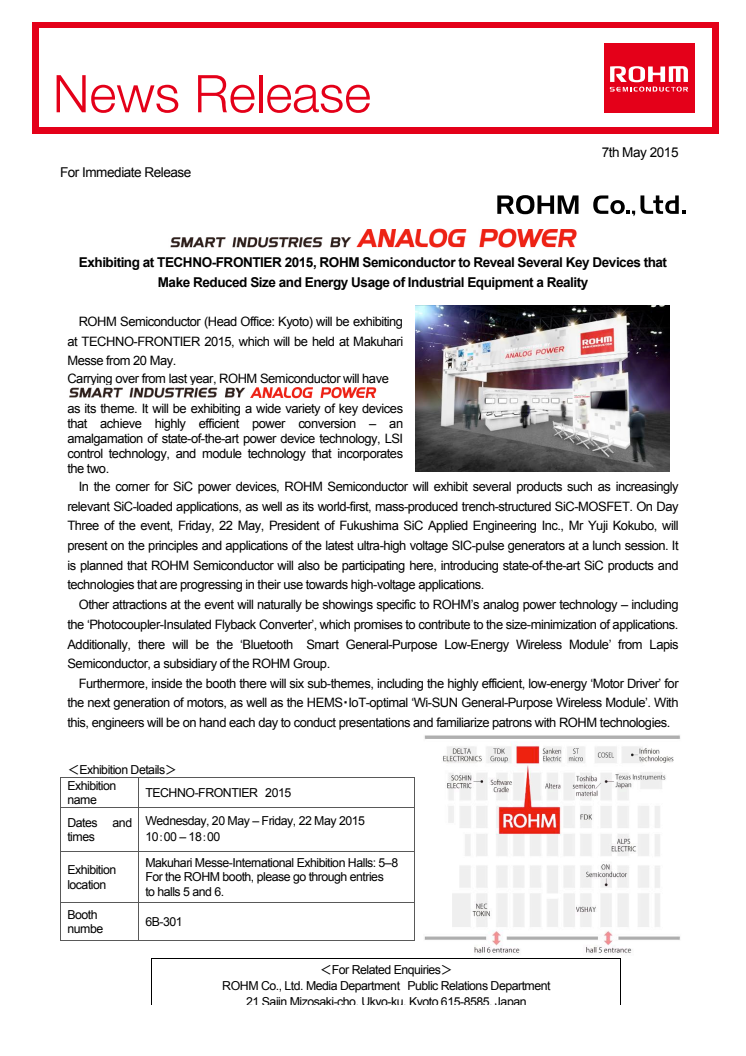 SMART INDUSTRIES BY ANALOG POWER -- Exhibiting at TECHNO-FRONTIER 2015, ROHM Semiconductor to Reveal Several Key Devices that Make Reduced Size and Energy Usage of Industrial Equipment a Reality 