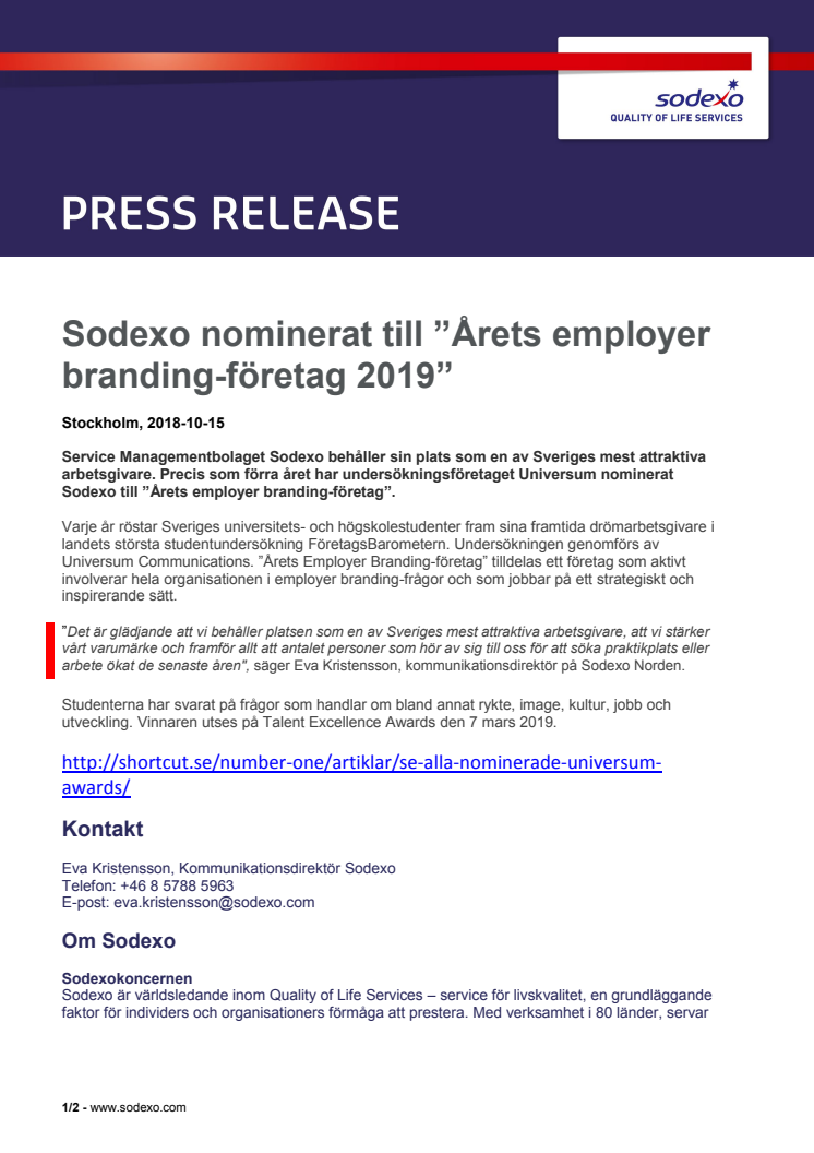 Sodexo nominerat till ”Årets employer branding-företag 2019”