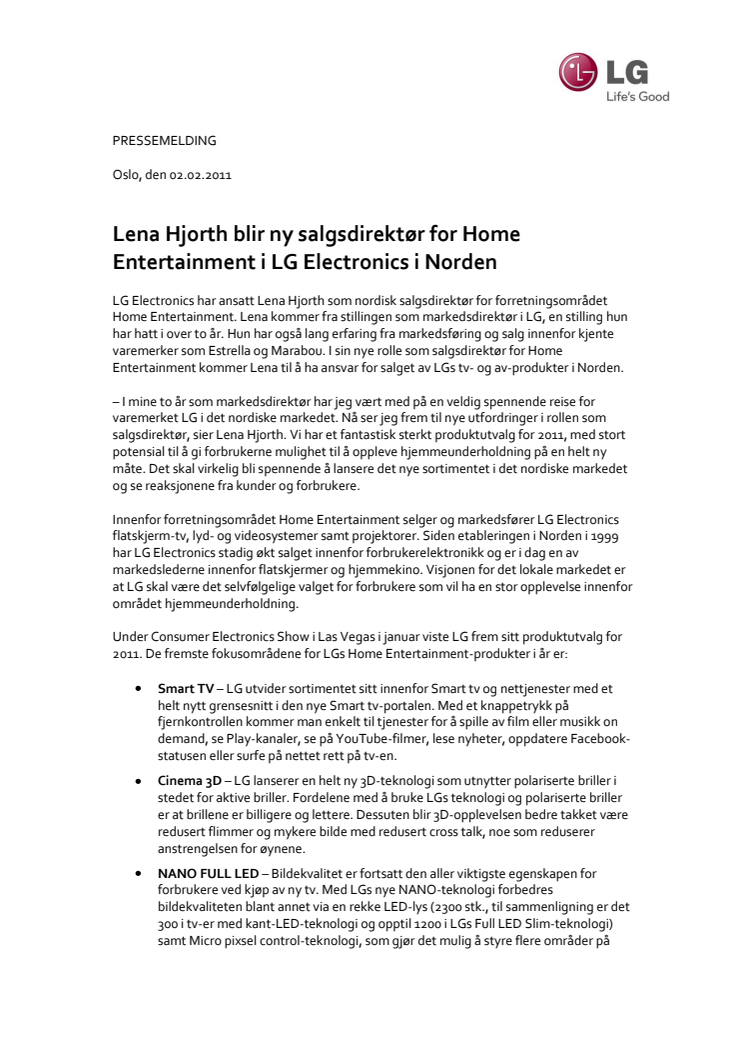 Lena Hjorth blir ny salgsdirektør for Home Entertainment i LG Electronics i Norden