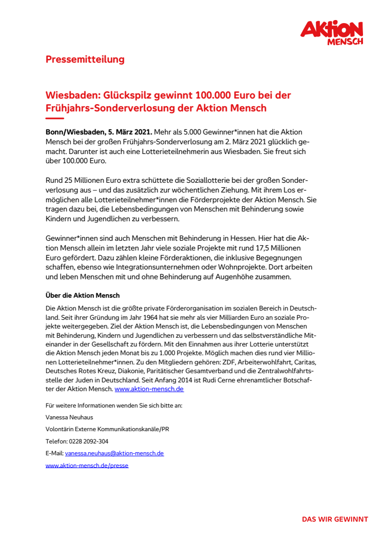 Wiesbaden: Glückspilz gewinnt 100.000 Euro bei der Frühjahrs-Sonderverlosung der Aktion Mensch