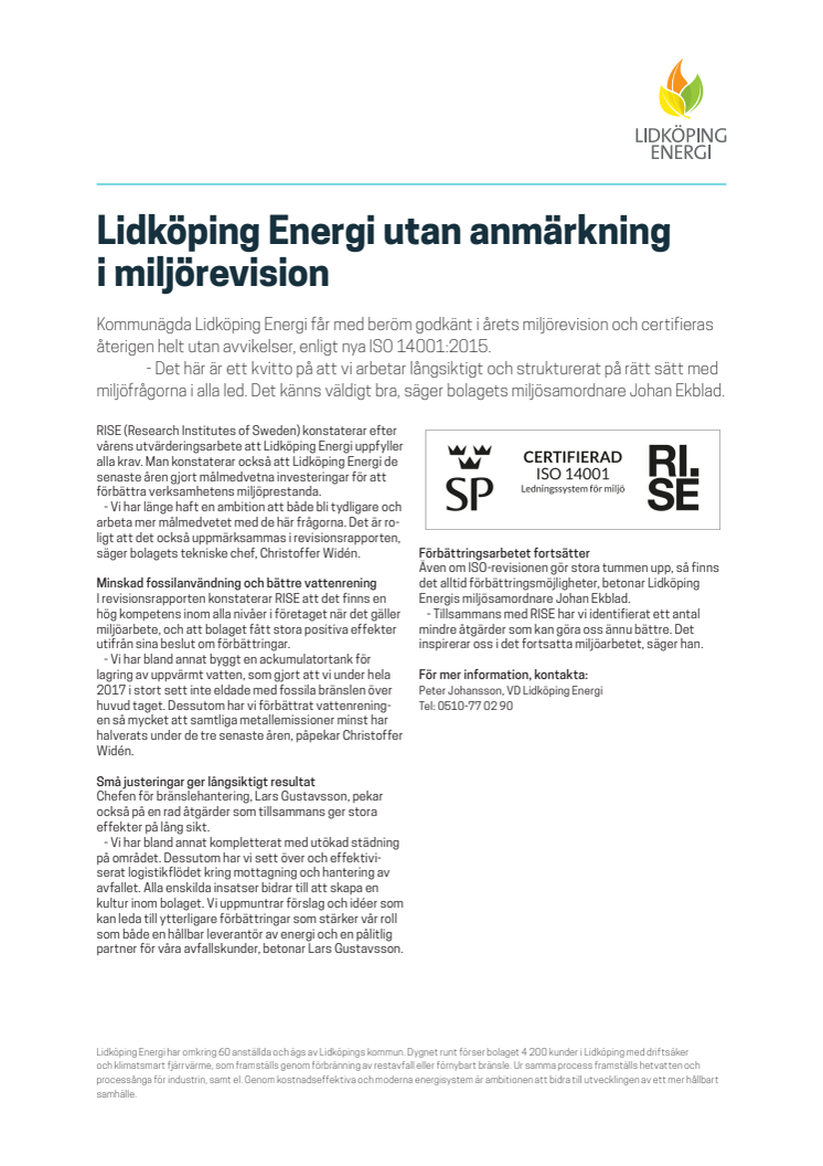 Lidköping Energi utan anmärkning i miljörevision