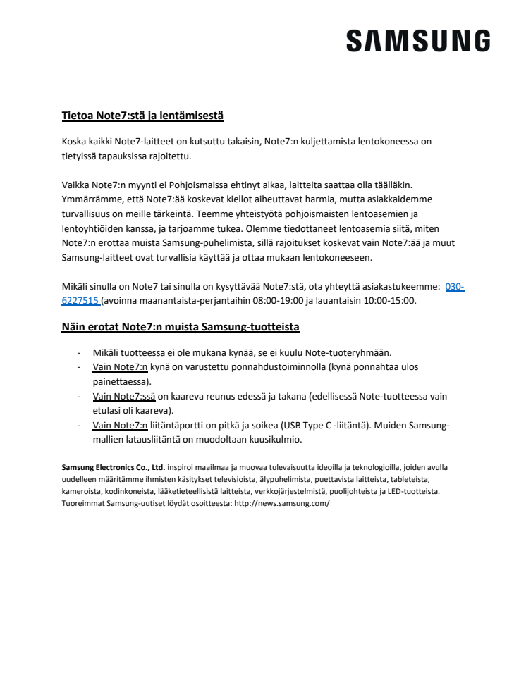 Tietoa Note7:stä ja lentämisestä