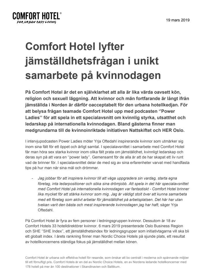 Comfort Hotel lyfter jämställdhetsfrågan i unikt samarbete på kvinnodagen