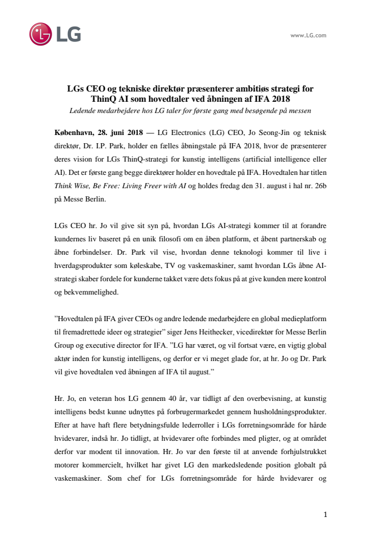 LGs CEO og tekniske direktør præsenterer ambitiøs strategi for ThinQ AI som hovedtaler ved åbningen af IFA 2018