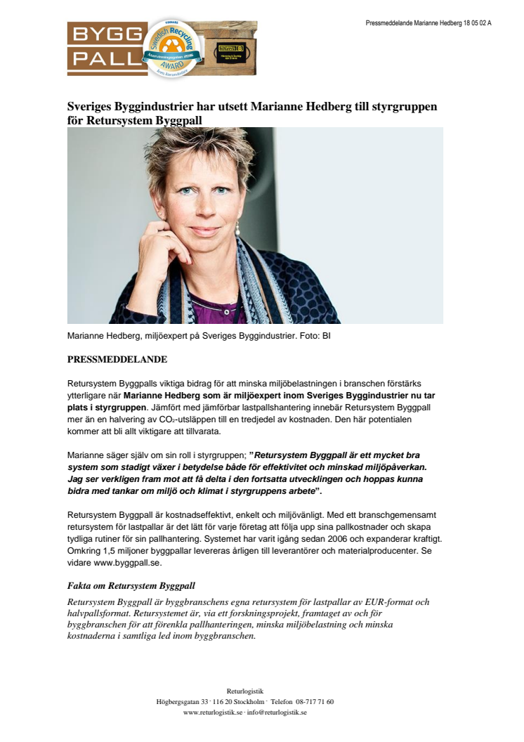Sveriges Byggindustrier har utsett Marianne Hedberg till styrgruppen för Retursystem Byggpall
