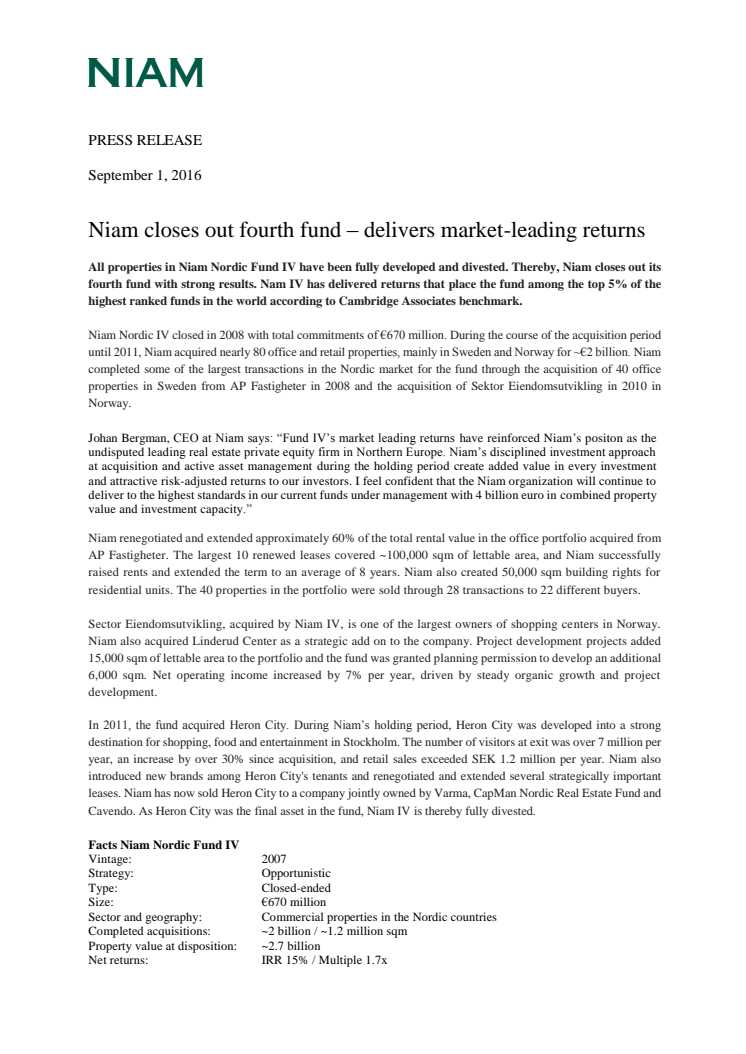 Niam closes out fourth fund – delivers market-leading returns 