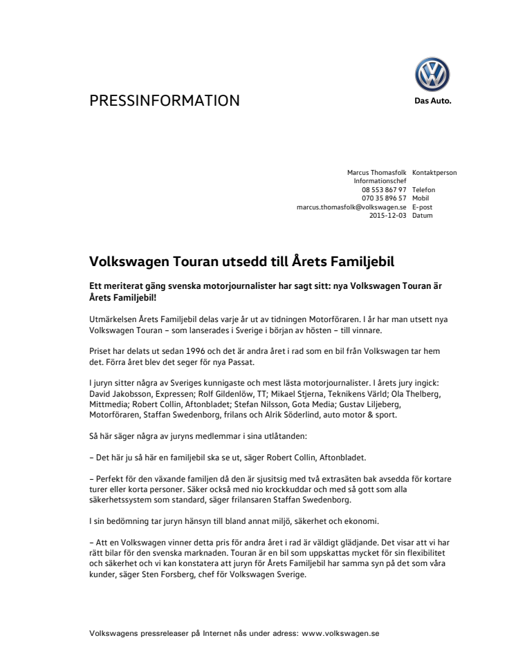 Volkswagen Touran utsedd till Årets Familjebil