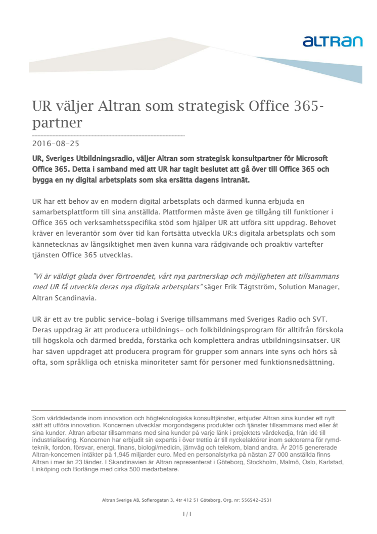 UR väljer Altran som strategisk Office 365-partner