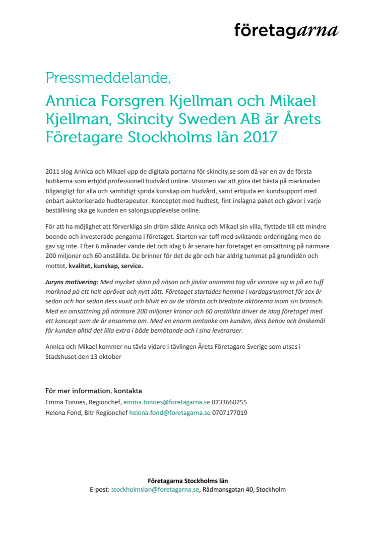 Annica Forsgren Kjellman och Mikael Kjellman, Skincity Sweden AB är Årets Företagare Stockholms län 2017
