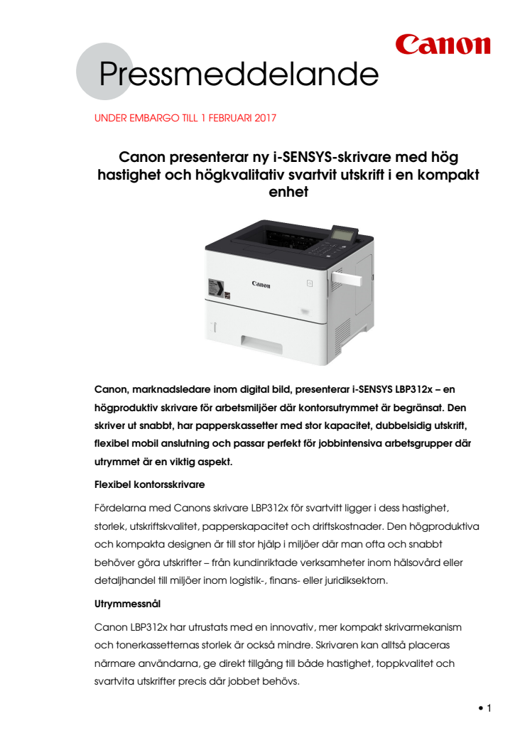 Canon presenterar ny i-SENSYS-skrivare med hög hastighet och högkvalitativ svartvit utskrift i en kompakt enhet