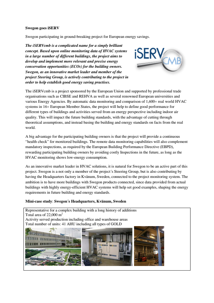 Swegon goes iSERV - Swegon participating in ground-breaking project for European energy savings