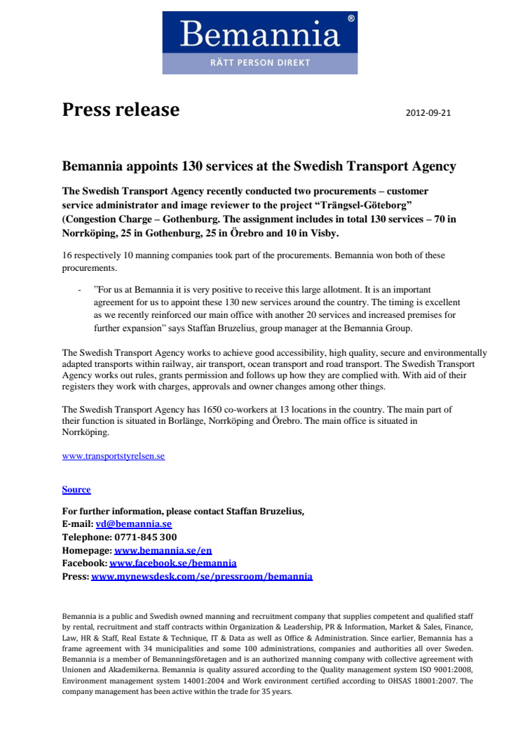Bemannia appoints 130 services at the Swedish Transport Agency