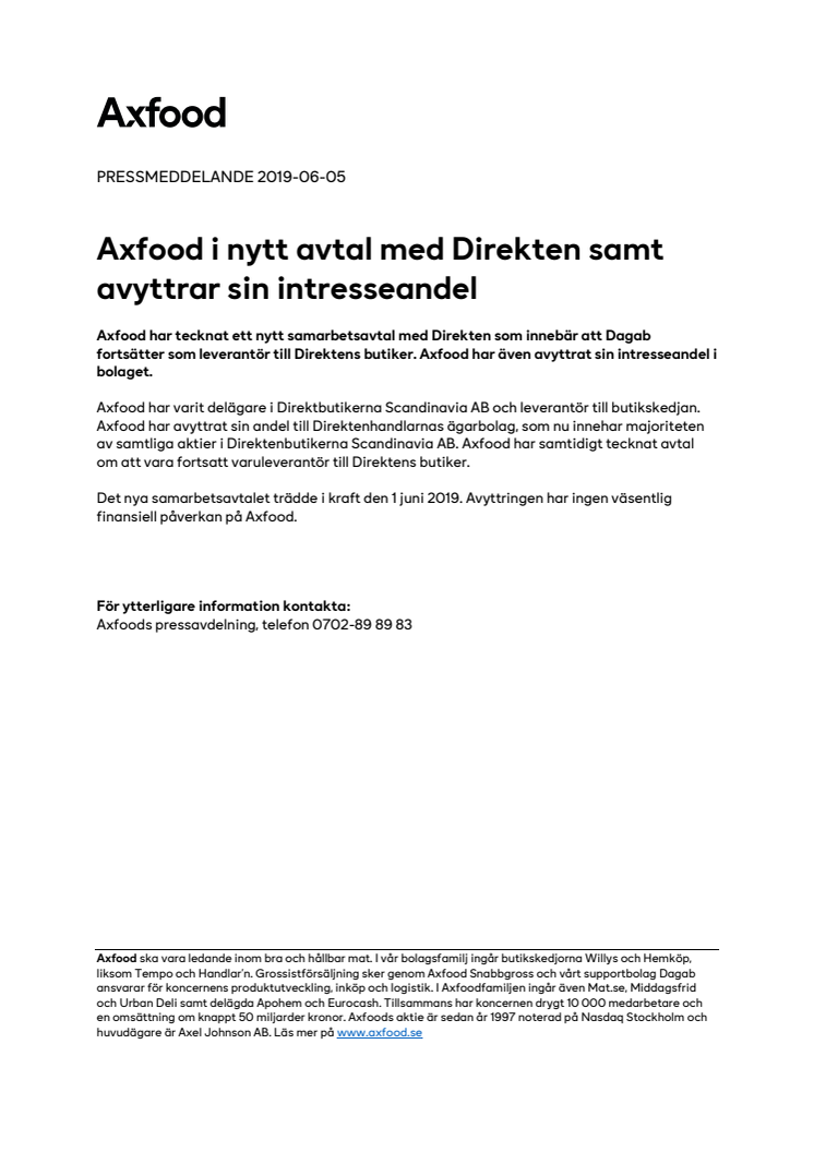 Axfood i nytt avtal med Direkten samt avyttrar sin intresseandel