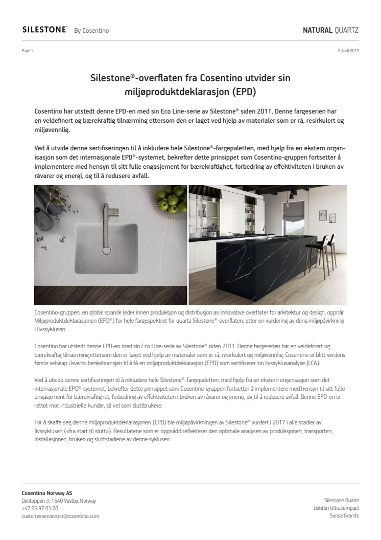 Silestone®-overflaten fra Cosentino utvider sin miljøproduktdeklarasjon (EPD)