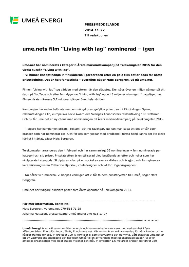 Ume.nets film ”Living with lag” nominerad – igen