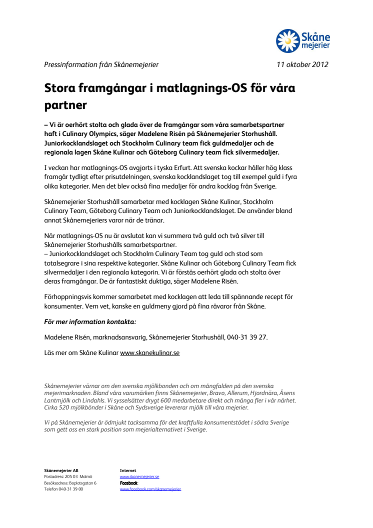 Stora framgångar i matlagnings-OS för våra partner