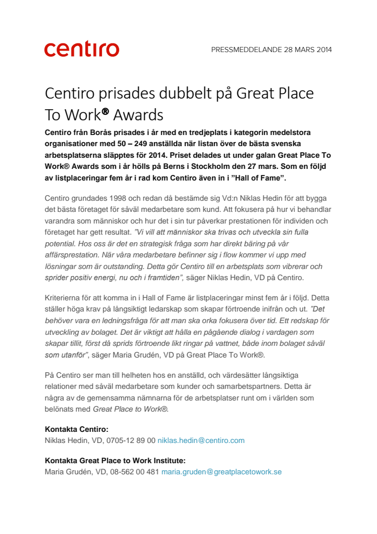 Centiro prisades dubbelt på Great Place To Work® Awards 2014