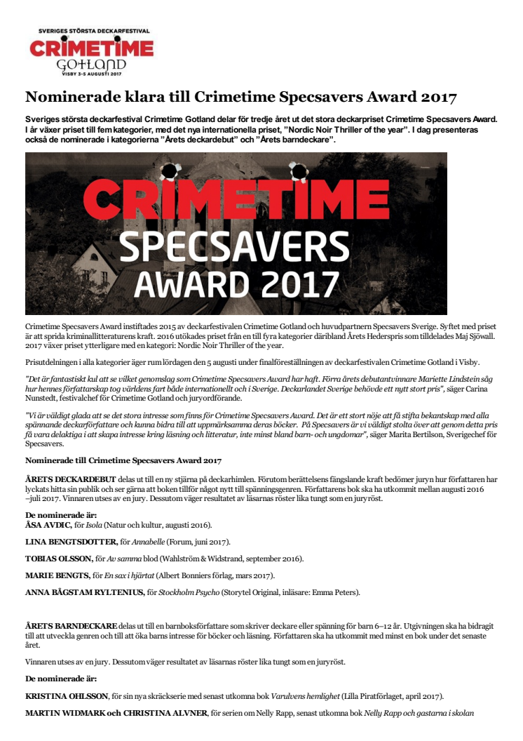 Nominerade klara till deckarpriset Crimetime Specsavers Award 2017