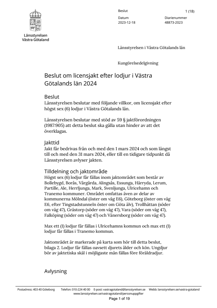 Beslut om licensjakt efter lodjur i Västra Götalands län 2024