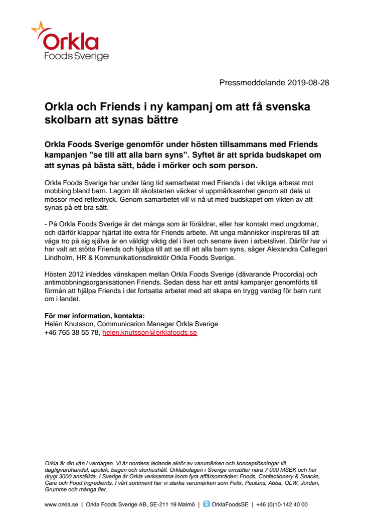 Orkla och Friends i ny kampanj om att få svenska skolbarn att synas bättre