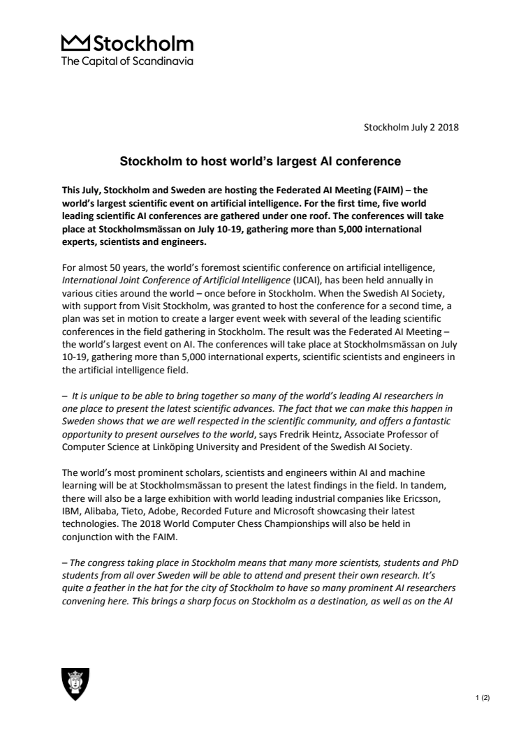 ​Stockholm to host world’s largest AI conference