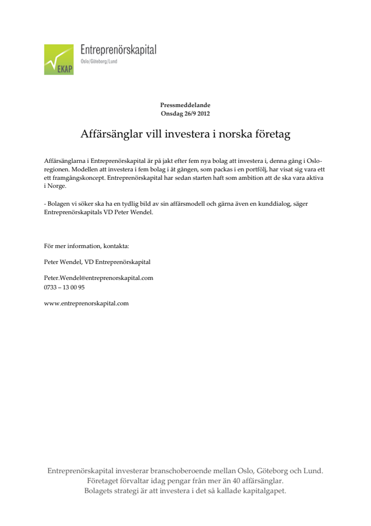 Affärsänglar vill investera i norska företag