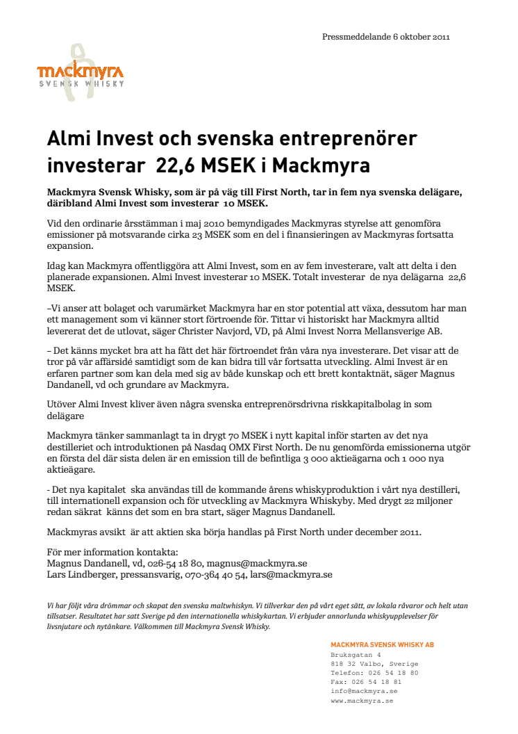 Almi Invest och svenska entreprenörer investerar  22,6 MSEK i Mackmyra 