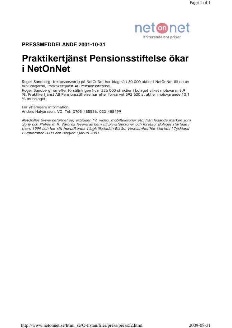 Praktikertjänst Pensionsstiftelse ökar i NetOnNet