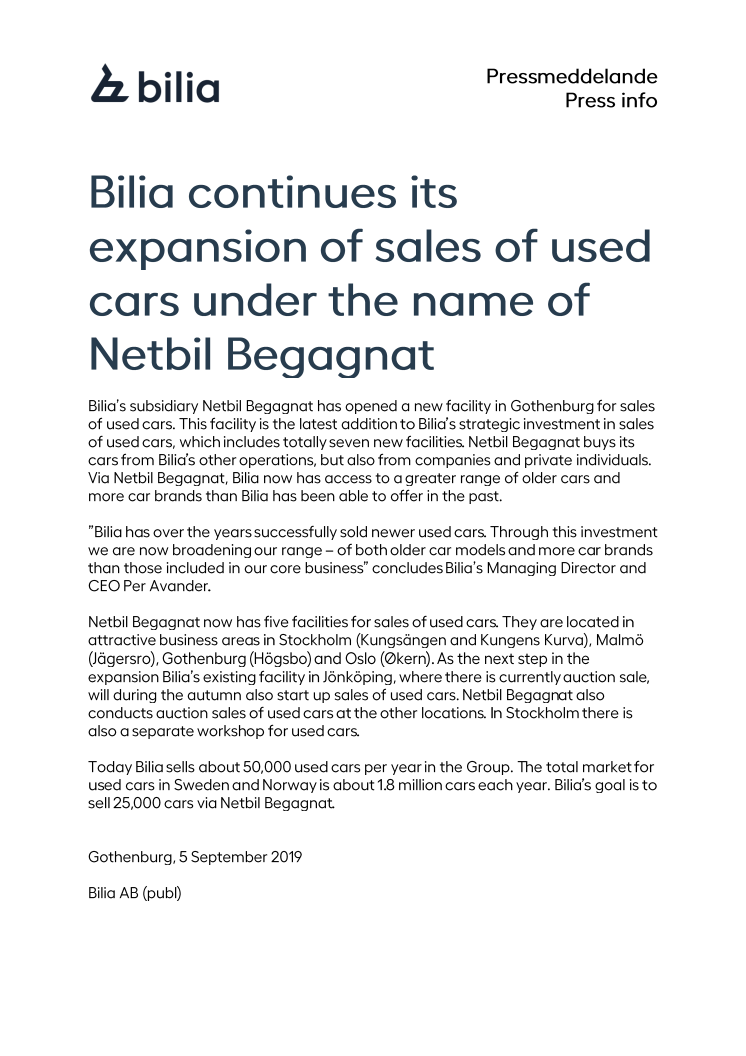 Bilia continues its expansion of sales of used cars under the name of Netbil Begagnat