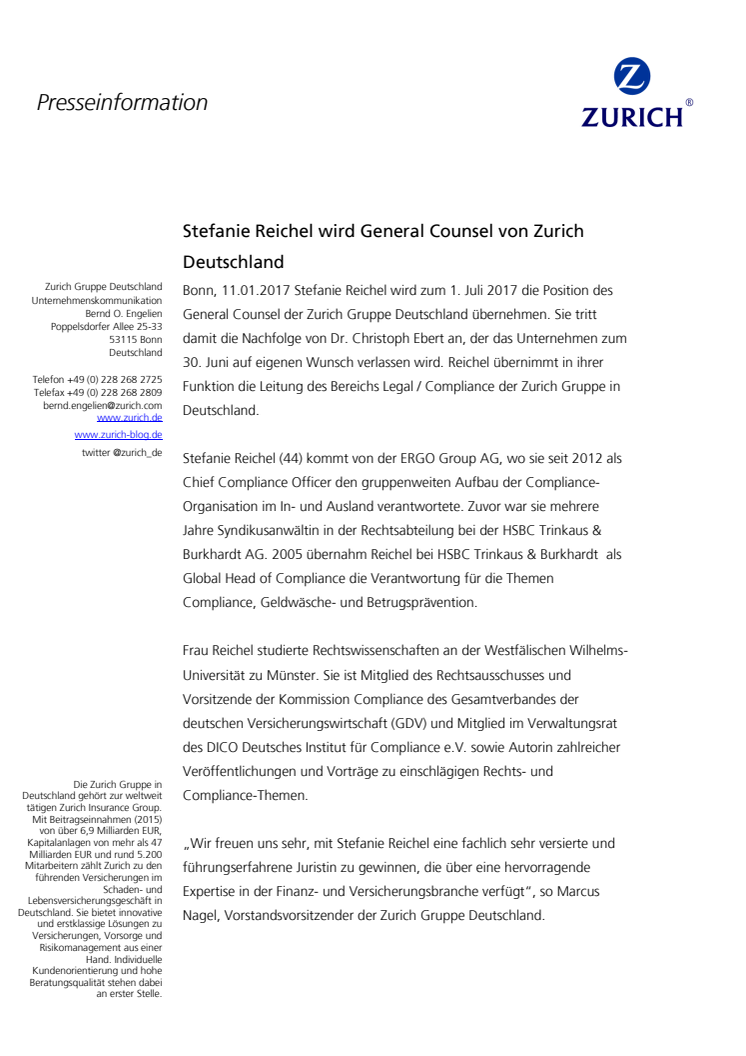 Stefanie Reichel wird General Counsel von Zurich Deutschland