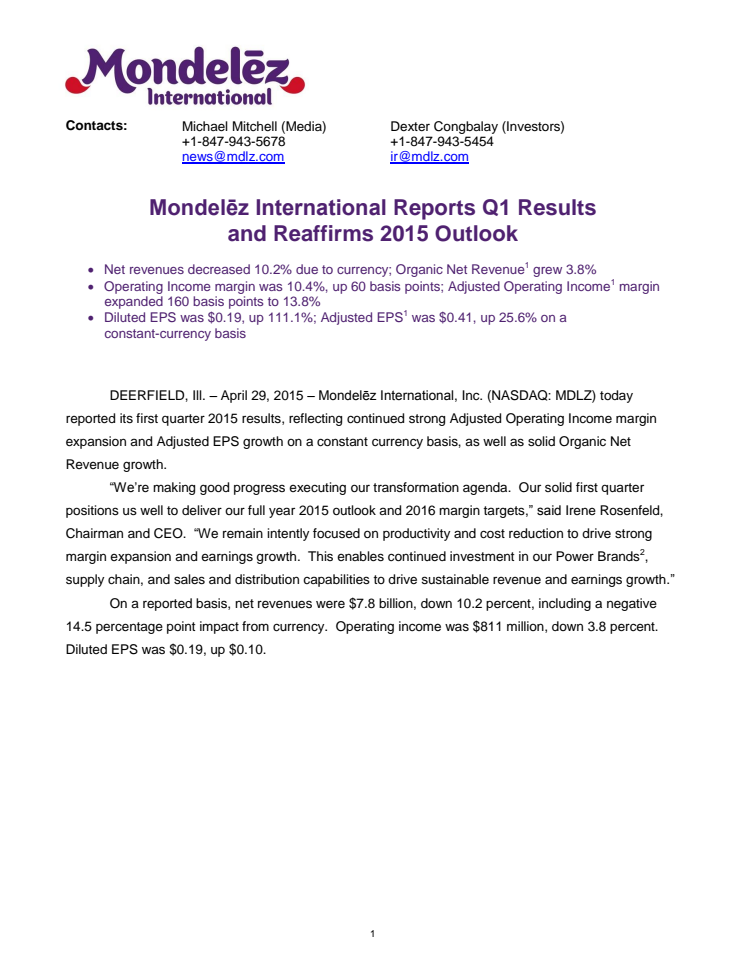 Mondelez International Reports Q1 Results and Reaffirms 2015 Outlook