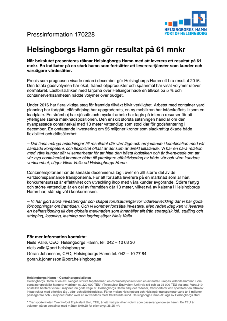 ​Helsingborgs Hamn gör resultat på 61 mnkr