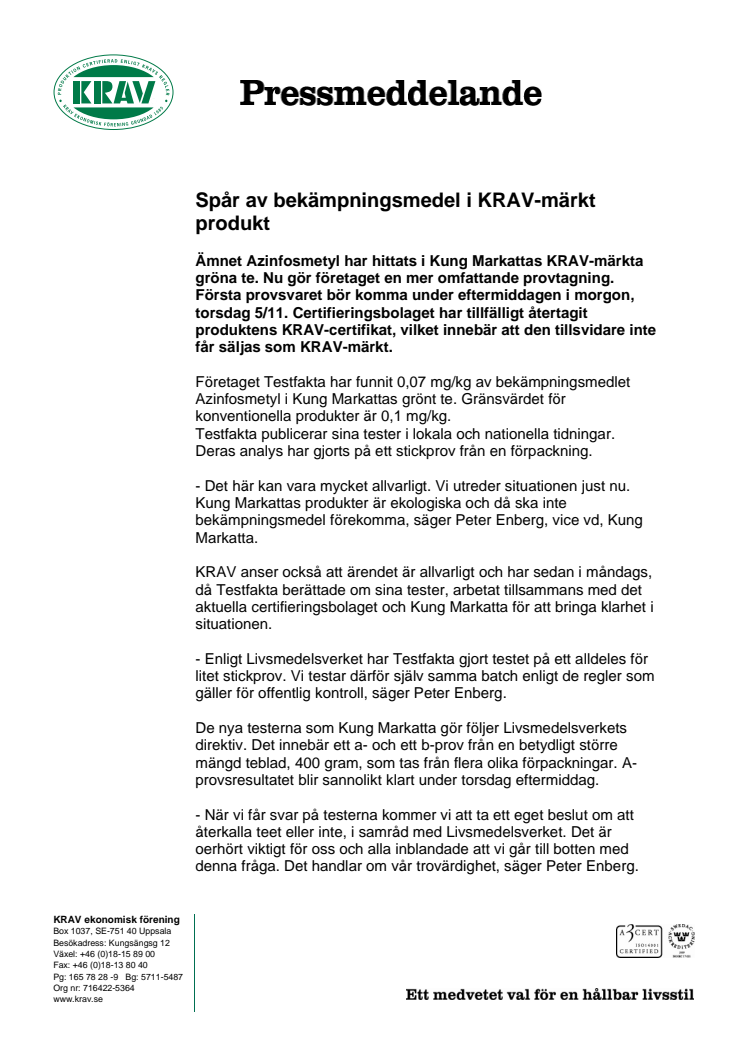 Spår av bekämpningsmedel i KRAV-märkt produkt