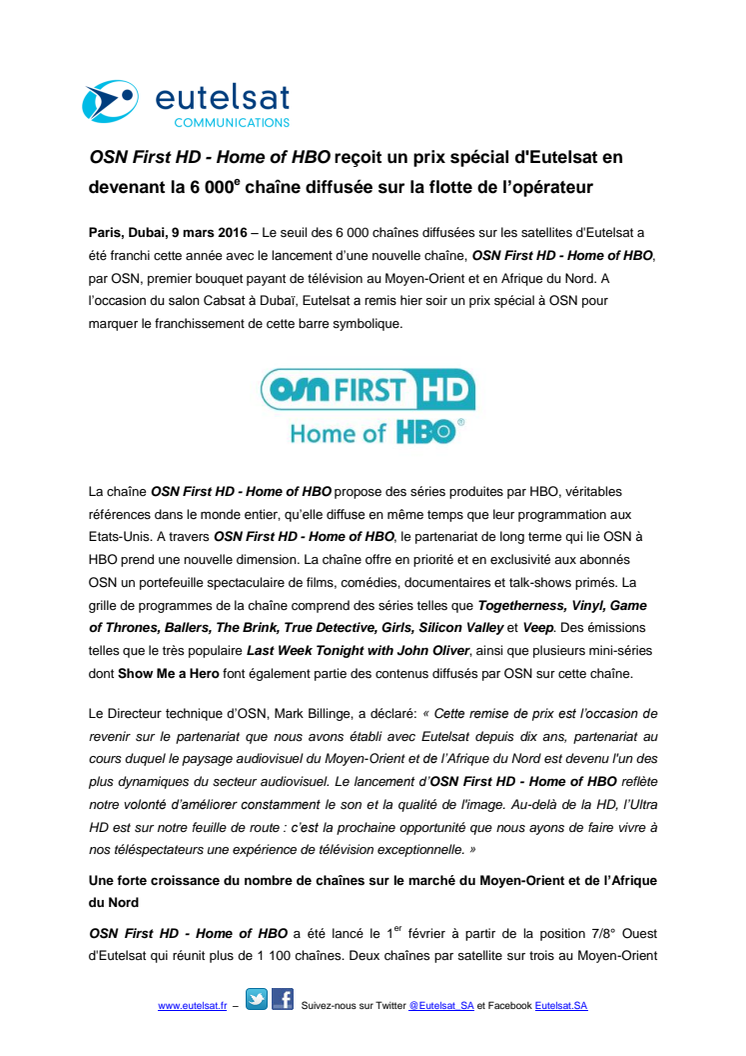 OSN First HD - Home of HBO reçoit un prix spécial d'Eutelsat en devenant la 6 000e chaîne diffusée sur la flotte de l’opérateur