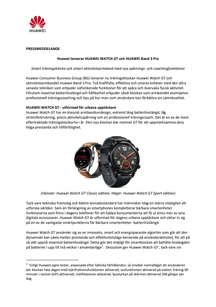 Huawei lanserar HUAWEI WATCH GT och HUAWEI Band 3 Pro 