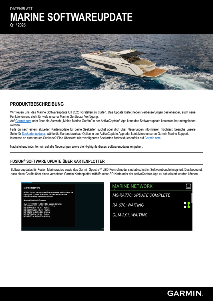 Datenblatt Garmin Softwareupdate Q1 2025