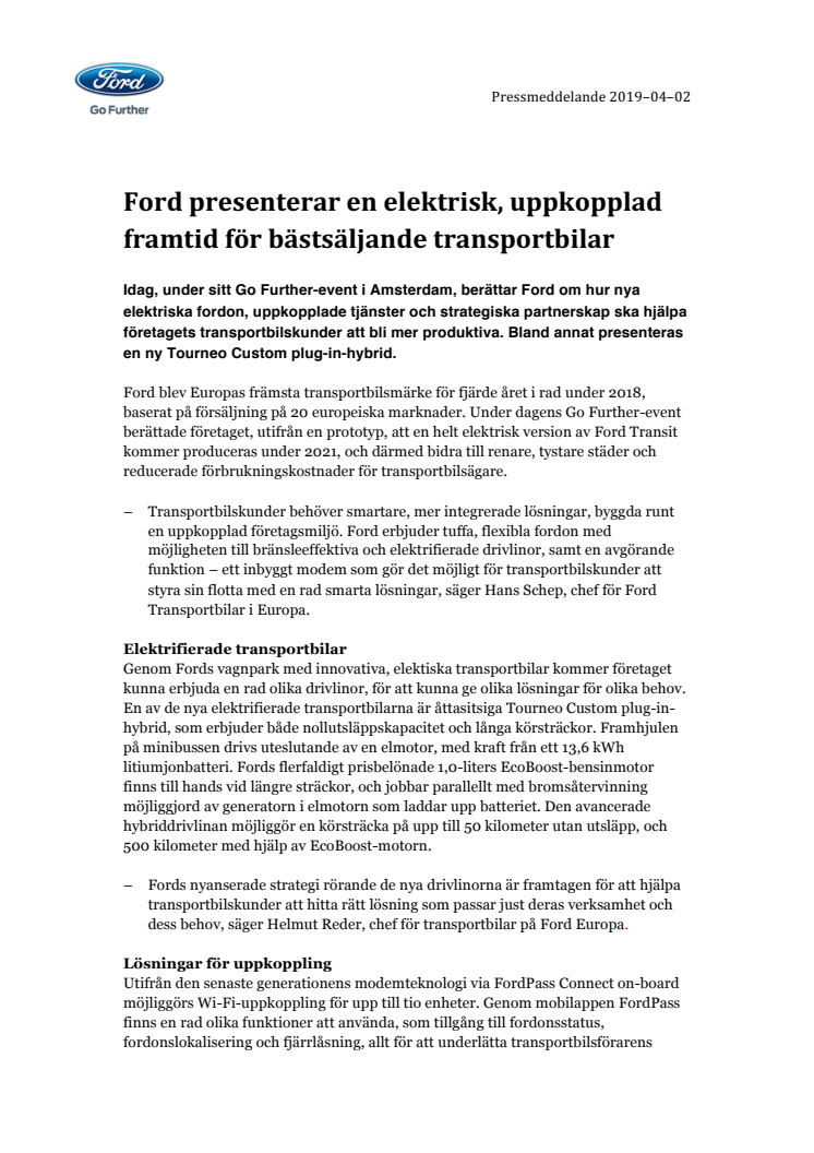 Ford presenterar en elektrisk, uppkopplad framtid för bästsäljande transportbilar