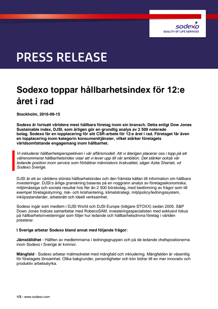 Sodexo toppar hållbarhetsindex för 12:e året i rad