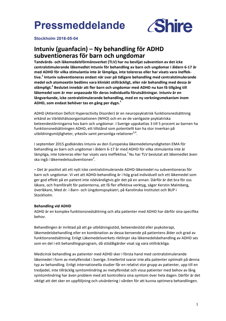 Intuniv (guanfacin) – Ny behandling för ADHD subventioneras för barn och ungdomar